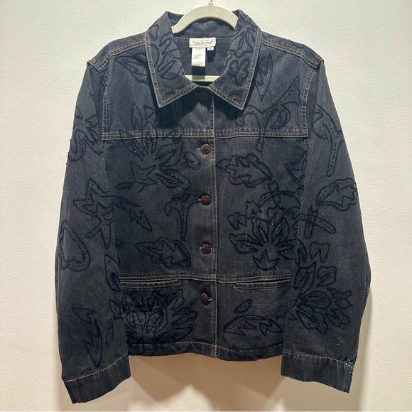 Coldwater Creek Jackets & Blazers - Coldwater Creek Art Deco Floral Embroidered Glitter Denim Jacket Women’s size XL